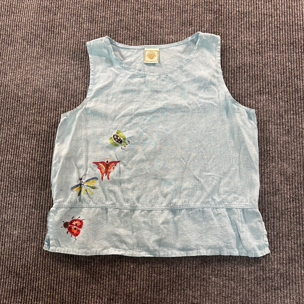 Tom Tom California Womens Embroidered Linen Tank Medium Blue Butterfly Ladybug
